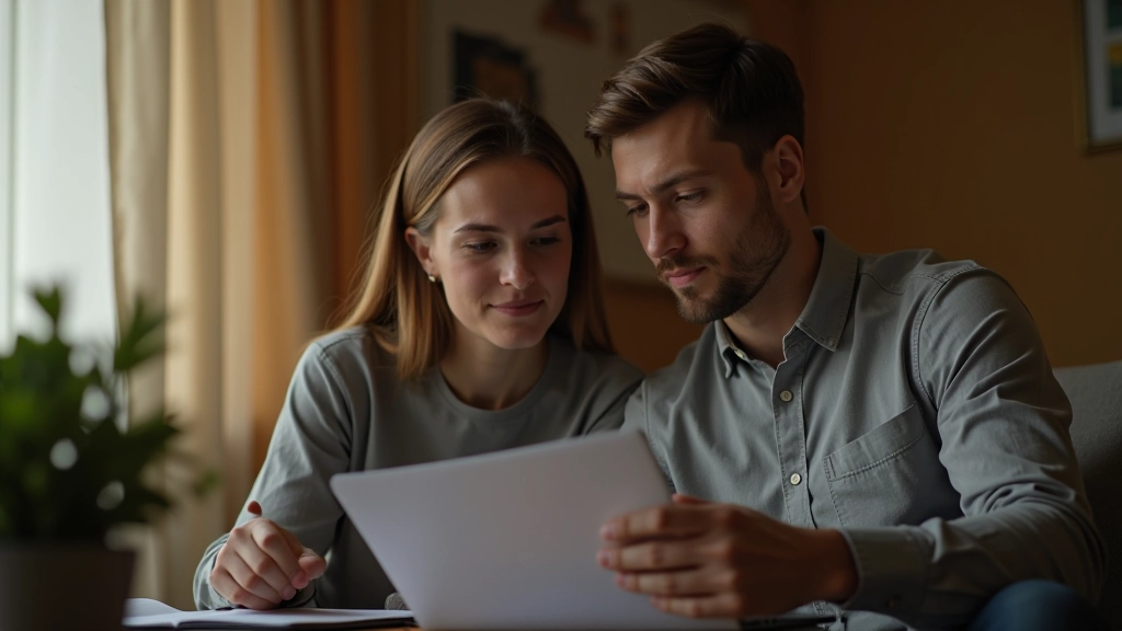 Dva mladí lidé si prohlížejí finanční plán na notebooku v moderní domácnosti, teplé osvětlení