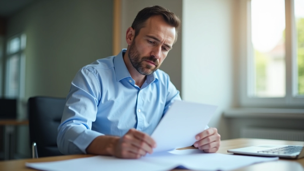 Muž v kanceláři čte finanční zprávu, počítač a tužka na pracovním stole, přirozené osvětlení
