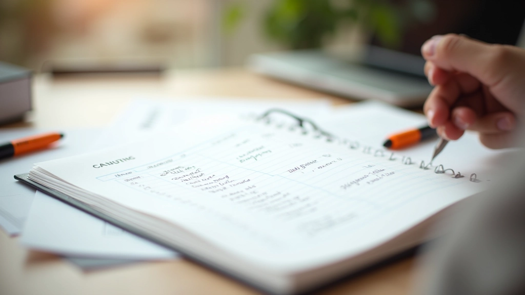 Sešit s ručně napsanými kategoriemi výdajů a čísly