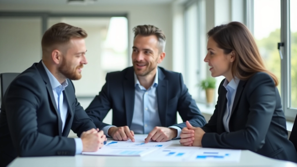 Tři kolegové sedí u stolu a diskutují finanční cíle pomocí grafu, jasné světlo, moderní kancelář