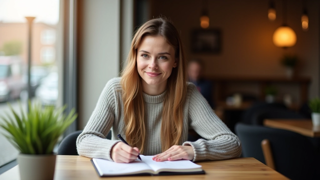 Žena v kavárně píše si cíle do poznámkového bloku, přirozené světlo, horní pohled na stůl